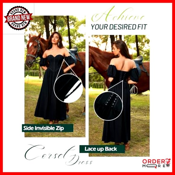 Off Shoulder Corset Dress Sweetheart Neckline Puff Sleeve Renaissance Elegant - Picture 4 of 7